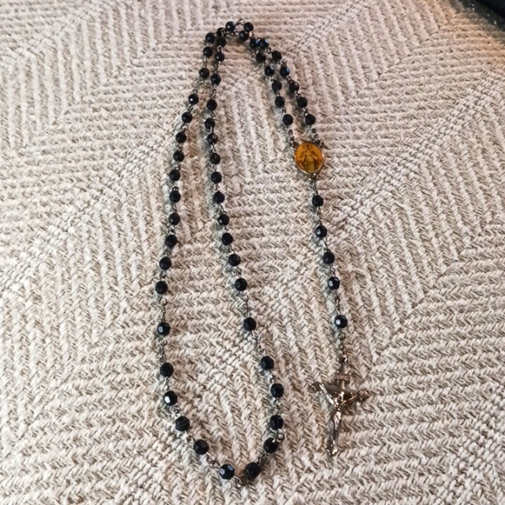 Black Cut Beaded Rosary With St Therese